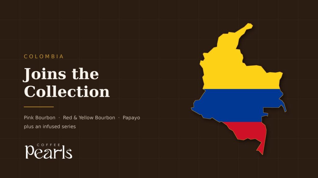 Outline map of Colombia filled with the Colombian flag, on a dark coffee background, with The Coffee Pearls logo