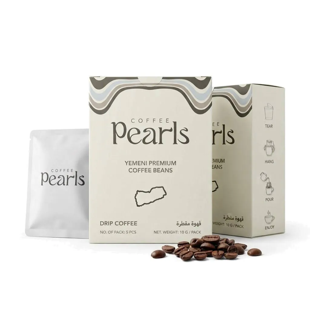Yemeni Matari drip coffee box, five single-serve sachets of 10 g, single-origin Bani Matar, Yemen, The Coffee Pearls view 2