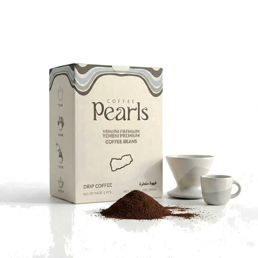 Yemeni Matari drip coffee box, five single-serve sachets of 10 g, single-origin Bani Matar, Yemen, The Coffee Pearls view 3