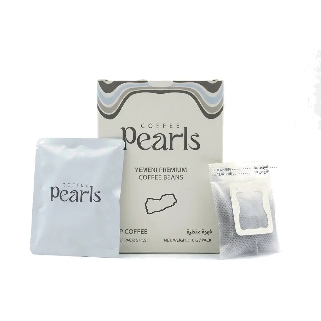 Yemeni Matari drip coffee box, five single-serve sachets of 10 g, single-origin Bani Matar, Yemen, The Coffee Pearls view 4